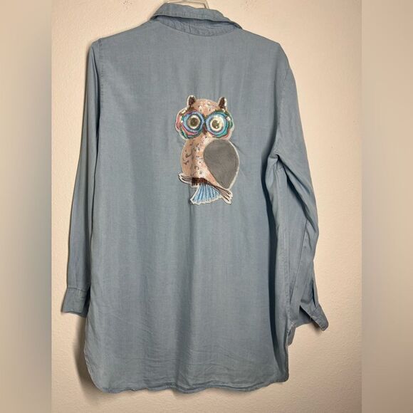 Vintage Owl Chambray Shirt Applique Embroidery Thin Denim Size M button-front - Picture 1 of 16